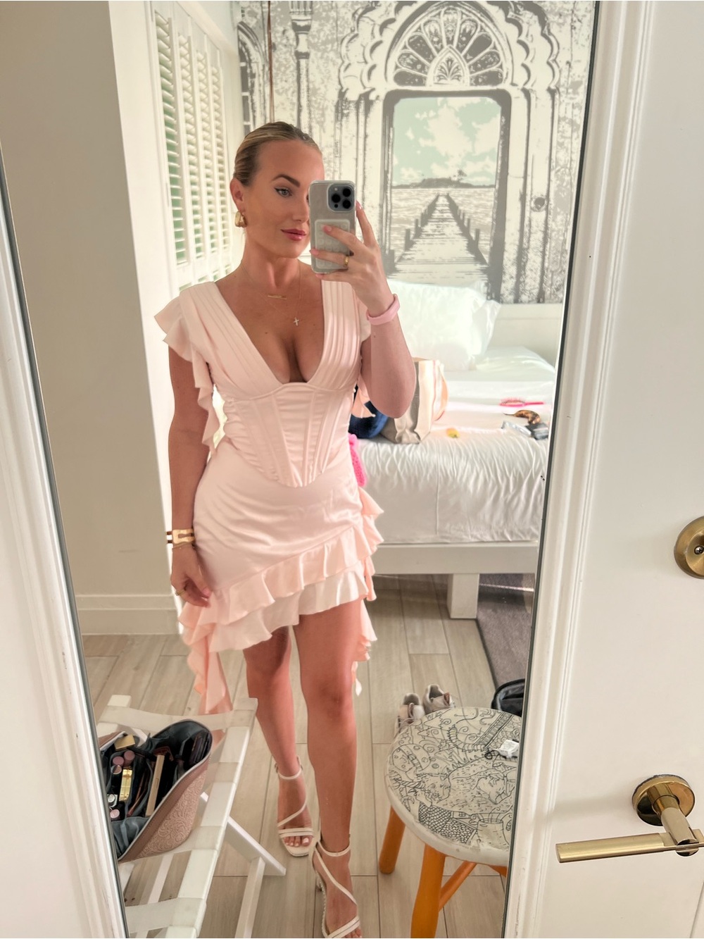 Blush Pink Ruffle Corset Midi Dress